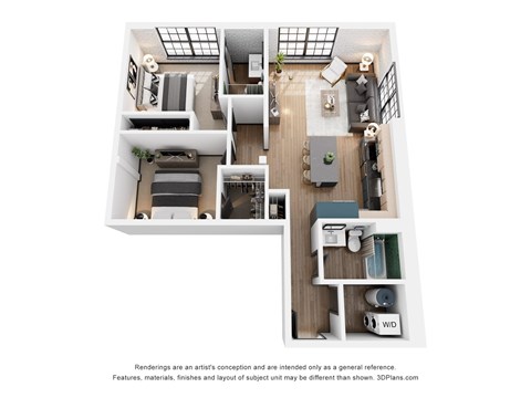 Floor plan for 2 beds, 2 baths, 1000 sqft